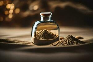 a bottle of sand with a sand dune in the background. AI-Generated photo