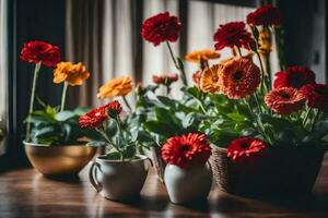 red gerbera flowers in pots on a table. AI-Generated photo