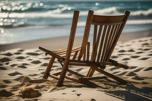 a wooden chair sits on the beach near the ocean. AI-Generated photo