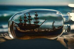 ship in a bottle, sand, beach, ocean, sand, sand dunes, sand,. AI-Generated photo