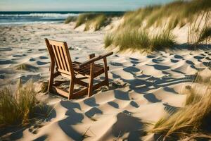 a wooden chair sits on the sand near the ocean. AI-Generated photo