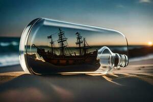 a ship in a bottle on the beach. AI-Generated photo