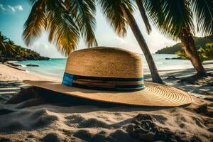 un sombrero se sienta en el arena cerca palma arboles generado por ai foto