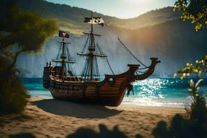 un pirata Embarcacion en el playa. generado por ai foto
