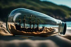 a ship in a bottle on the beach. AI-Generated photo