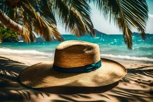 a hat sits on the sand near the ocean. AI-Generated photo