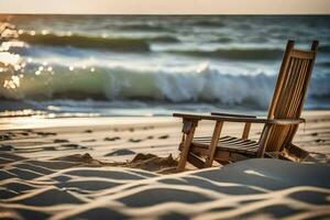 un silla se sienta en el playa a puesta de sol. generado por ai foto