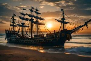 a pirate ship is on the beach at sunset. AI-Generated photo