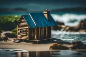 un pequeño de madera casa en el playa. generado por ai foto