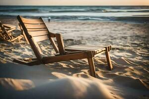 un de madera silla se sienta en el playa a puesta de sol. generado por ai foto