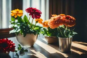 colorful flowers in vases on a table. AI-Generated photo