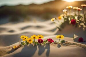 flowers in the sand at sunset. AI-Generated photo