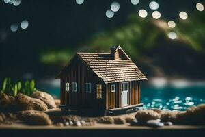 a miniature house on a beach with lights in the background. AI-Generated photo