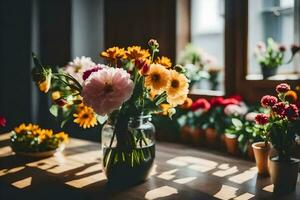 flores en un florero en un mesa. generado por ai foto