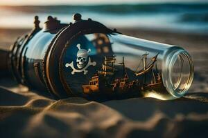 a bottle with a ship inside of it on the beach. AI-Generated photo