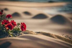 red flowers in the sand. AI-Generated photo