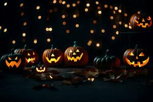 halloween pumpkins with faces and lights. AI-Generated photo