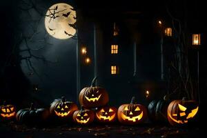 halloween pumpkins in front of a house with a full moon. AI-Generated photo