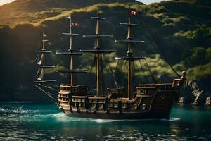 a pirate ship in the ocean. AI-Generated photo
