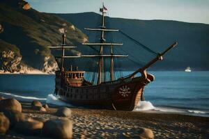 a pirate ship on the beach. AI-Generated photo