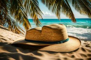 un Paja sombrero en el playa. generado por ai foto