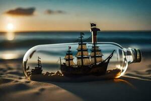 ship in a bottle on the beach. AI-Generated photo
