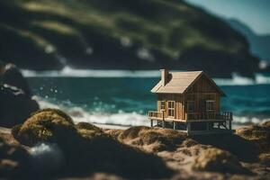 a miniature house on the beach near the ocean. AI-Generated photo