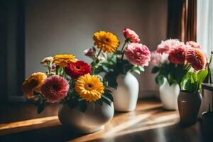 flowers in vases on a wooden table. AI-Generated photo