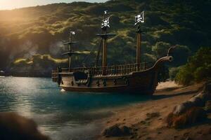 a pirate ship is sitting on the shore of a body of water. AI-Generated photo