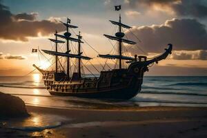 a pirate ship on the beach at sunset. AI-Generated photo