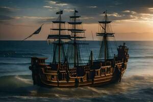 un pirata Embarcacion en el Oceano a puesta de sol. generado por ai foto