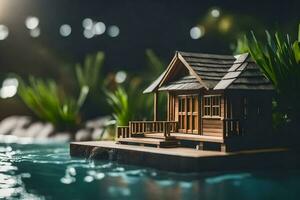 un miniatura casa en un flotante isla en el agua. generado por ai foto