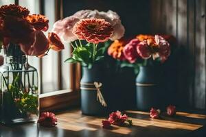 flowers in vases on a table near a window. AI-Generated photo