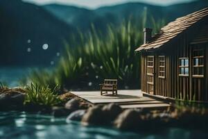 a miniature wooden house sits on a dock by a lake. AI-Generated photo