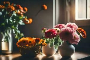 flores en floreros en un mesa. generado por ai foto