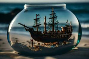 a miniature ship in a glass bowl on the beach. AI-Generated photo