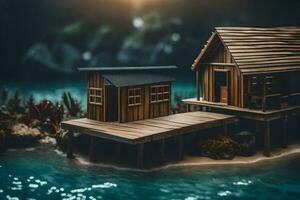 un miniatura de madera casa en un muelle por el agua. generado por ai foto