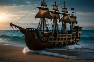 a wooden ship on the beach at sunset. AI-Generated photo