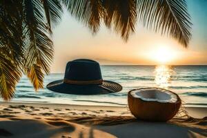 un sombrero y Coco en el playa a puesta de sol. generado por ai foto