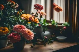 flowers in vases on a windowsill. AI-Generated photo