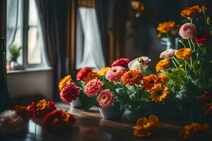 flowers in vases on a table in front of a window. AI-Generated photo