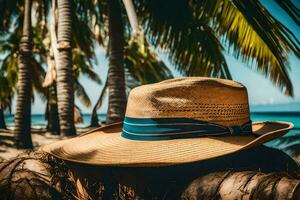 un sombrero en un palma árbol en frente de el océano. generado por ai foto