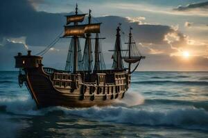 a pirate ship in the ocean at sunset. AI-Generated photo