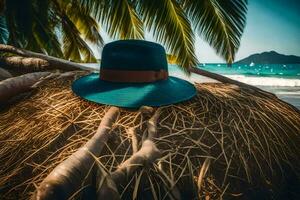 un sombrero en un Coco árbol en el playa. generado por ai foto