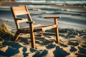 a wooden chair sitting on the sand near the ocean. AI-Generated photo