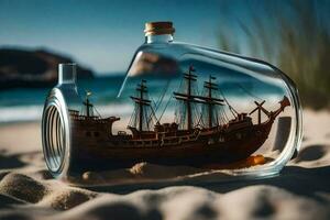 a ship in a bottle on the beach. AI-Generated photo