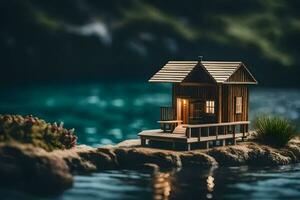 a miniature house on a rock by the water. AI-Generated photo