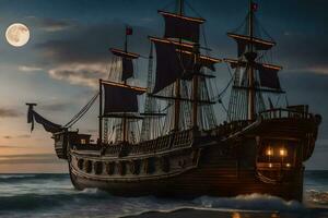 a pirate ship in the ocean at sunset. AI-Generated photo