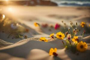 photo wallpaper sand, flowers, the beach, the sun, the sea, the sand, the. AI-Generated