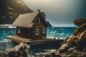 a small wooden house on a dock by the ocean. AI-Generated photo